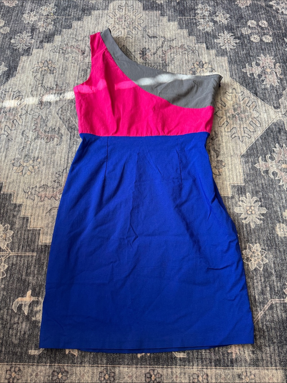lola One-Shoulder Colorblock Dress in Hot Pink, Gray & Royal Blue